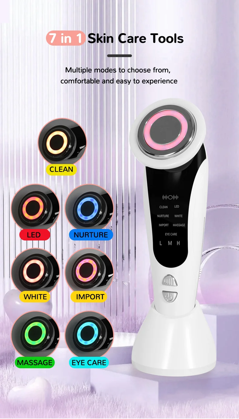 7 In 1 EMS Facial Massager Vibration Heated LED Light Therapy Face Lifting Device