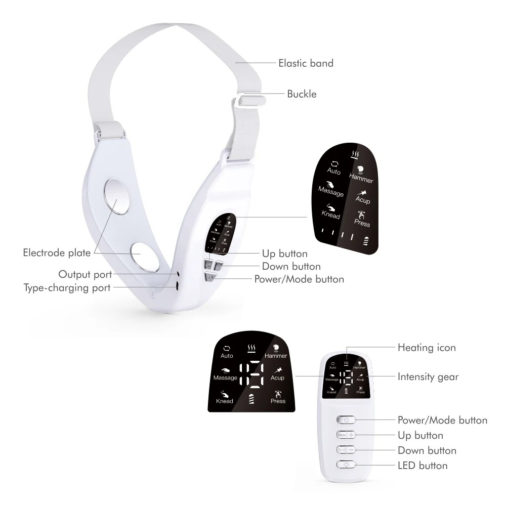 EMS Face Slimming Device Double Chin V Shape Lift Belt 5 Color Lights Hot Compress Face Vibration Massager With Remote Control