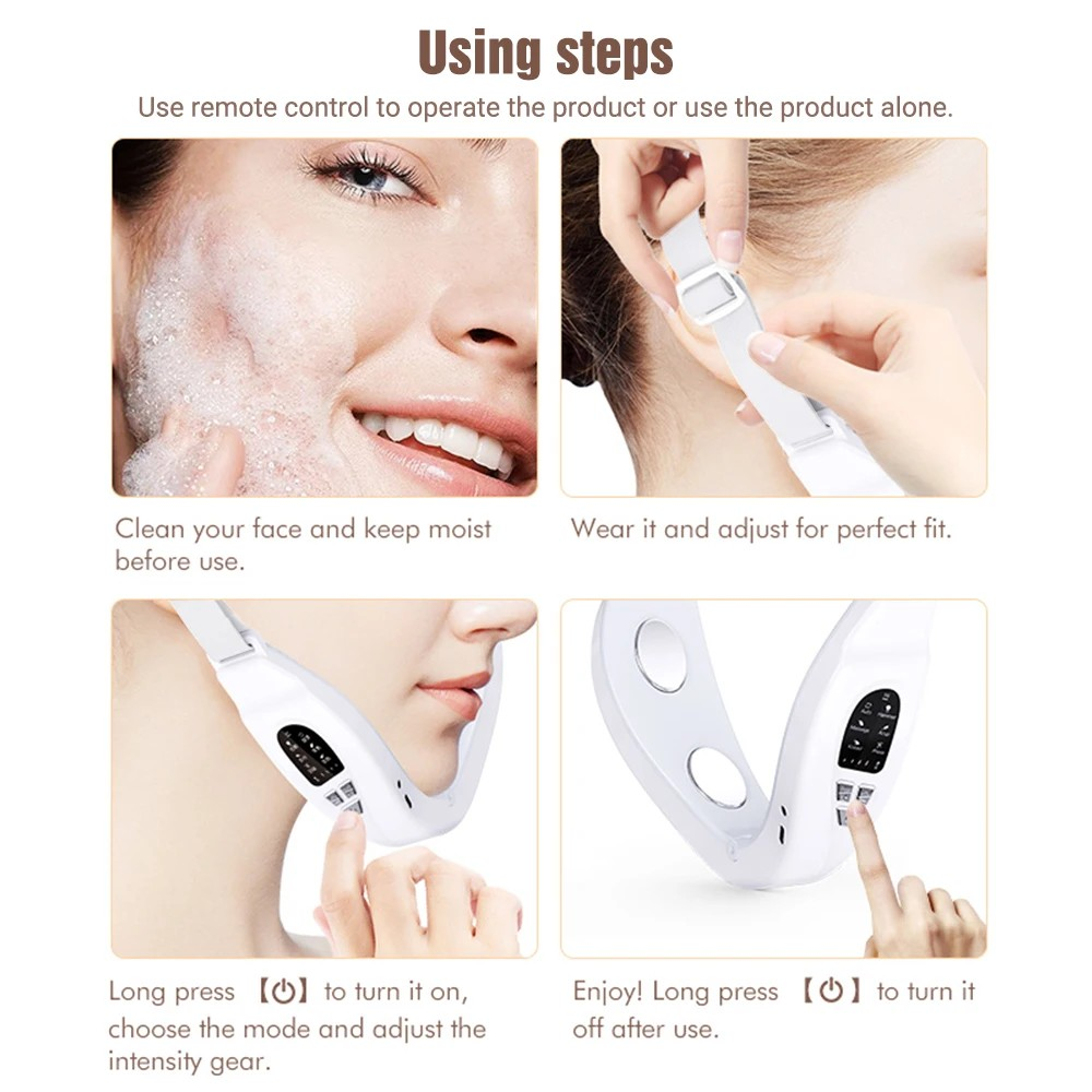 EMS Face Slimming Device Double Chin V Shape Lift Belt 5 Color Lights Hot Compress Face Vibration Massager With Remote Control