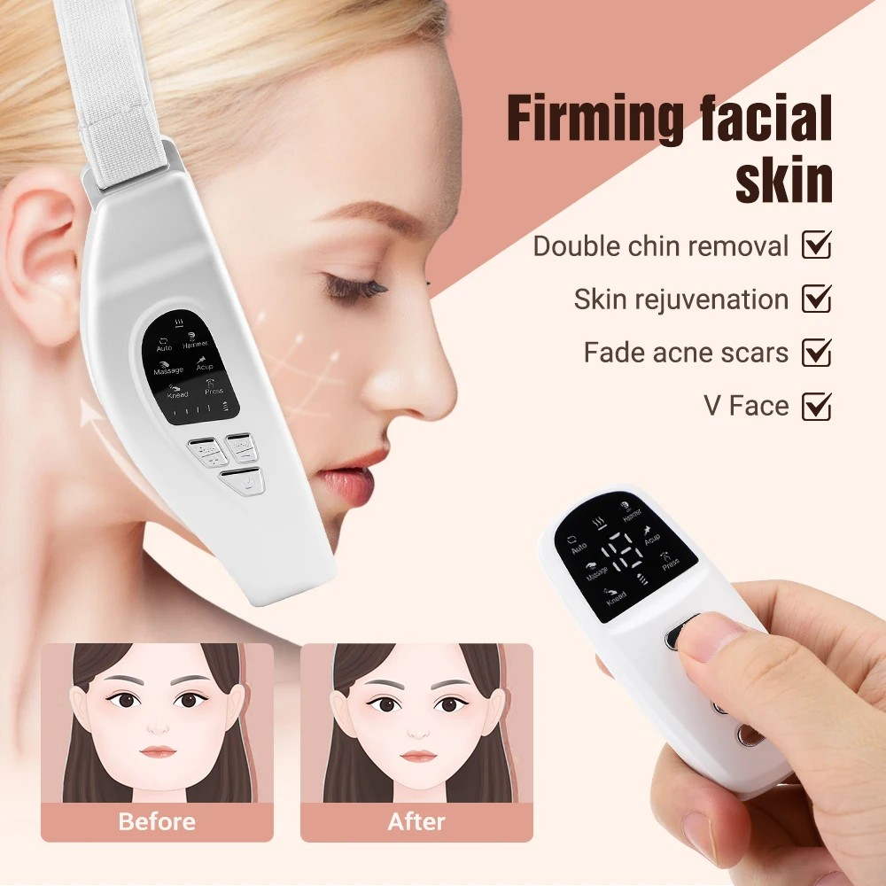 EMS Face Slimming Device Double Chin V Shape Lift Belt 5 Color Lights Hot Compress Face Vibration Massager With Remote Control